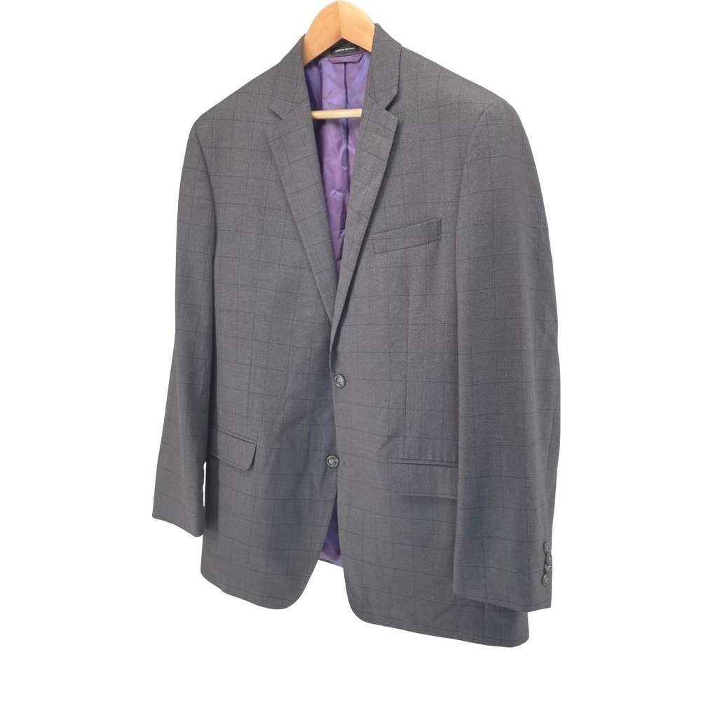 Sean John Mens 44L Blazer Charcoal Indigo Windowpane Purple Lining Suit Jacket - Picture 4 of 14